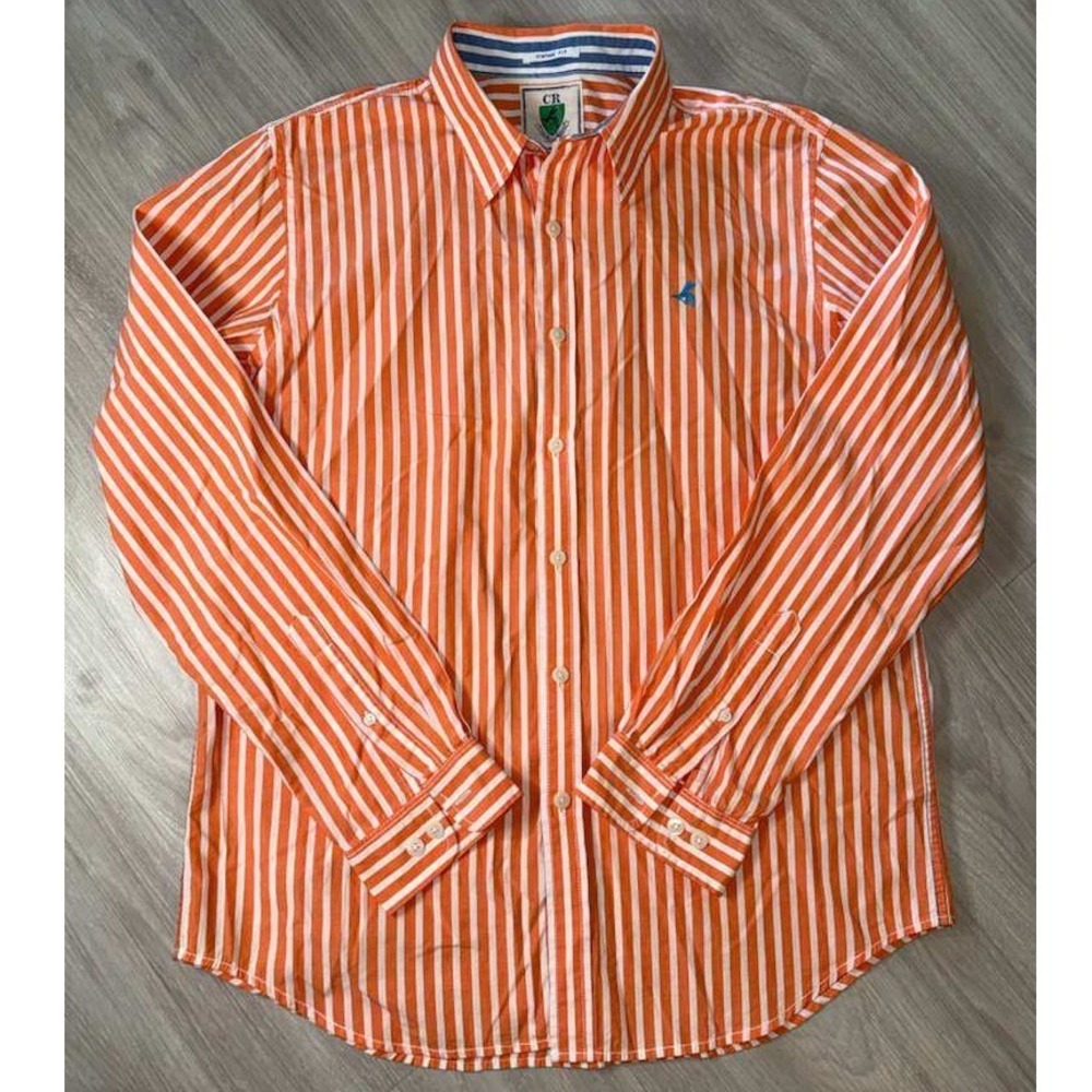 CR Club Room Men's Orange White Stripe Button Down Shirt Vintage Fit Size L